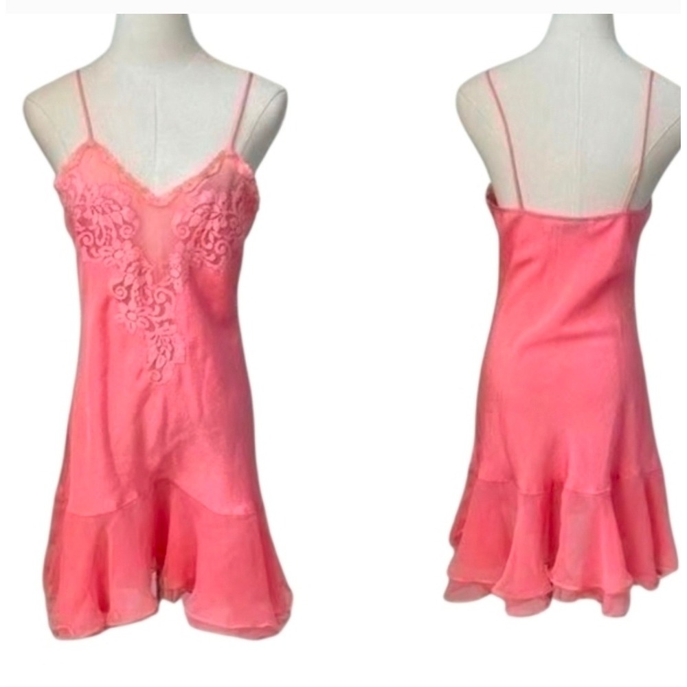 Vintage Victorias Secret Gold Label Pink Satin Lace Ruffle Slip‎ Dress Chemise L